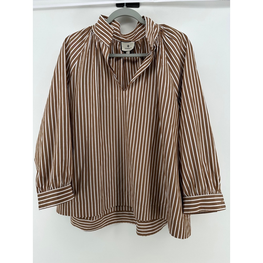 Tuckernuck Brown White Striped Ruffle Neck V-Neck Blouse XXL Raglan Sleeve